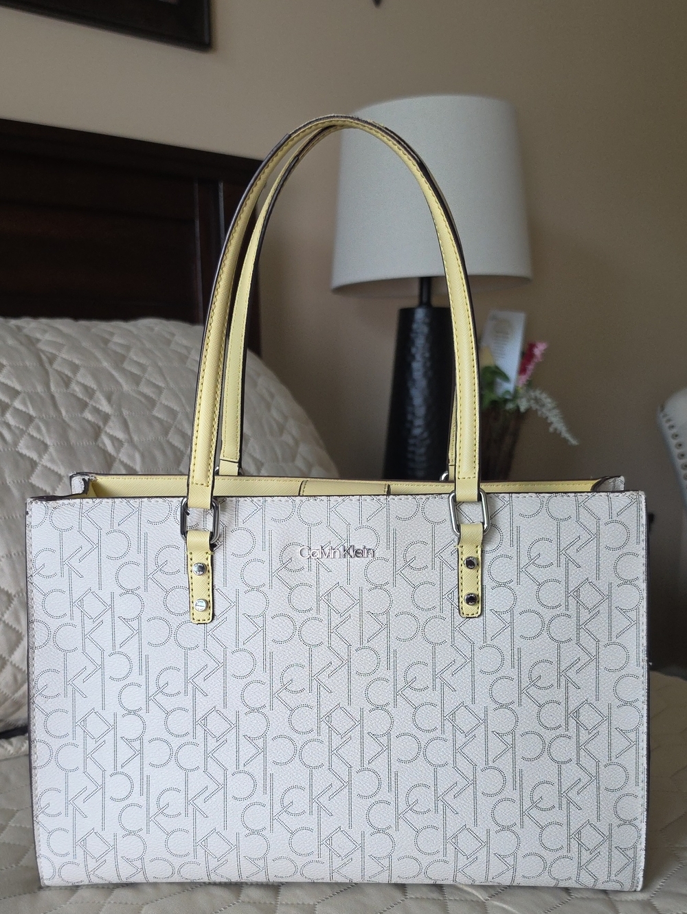 Calvin Klein Cream Monogram Tote with Yellow Handles